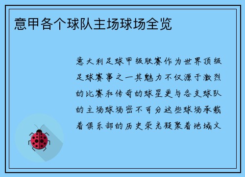 意甲各个球队主场球场全览