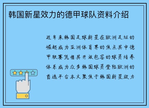 韩国新星效力的德甲球队资料介绍