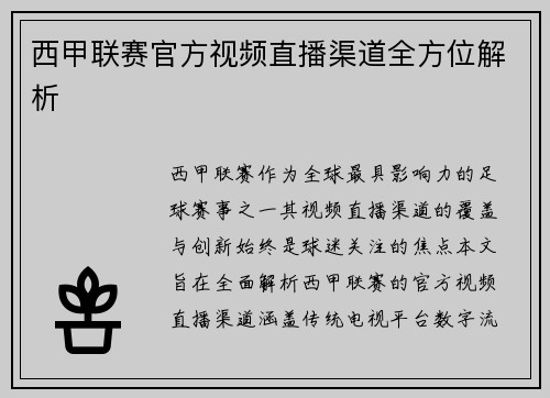 西甲联赛官方视频直播渠道全方位解析